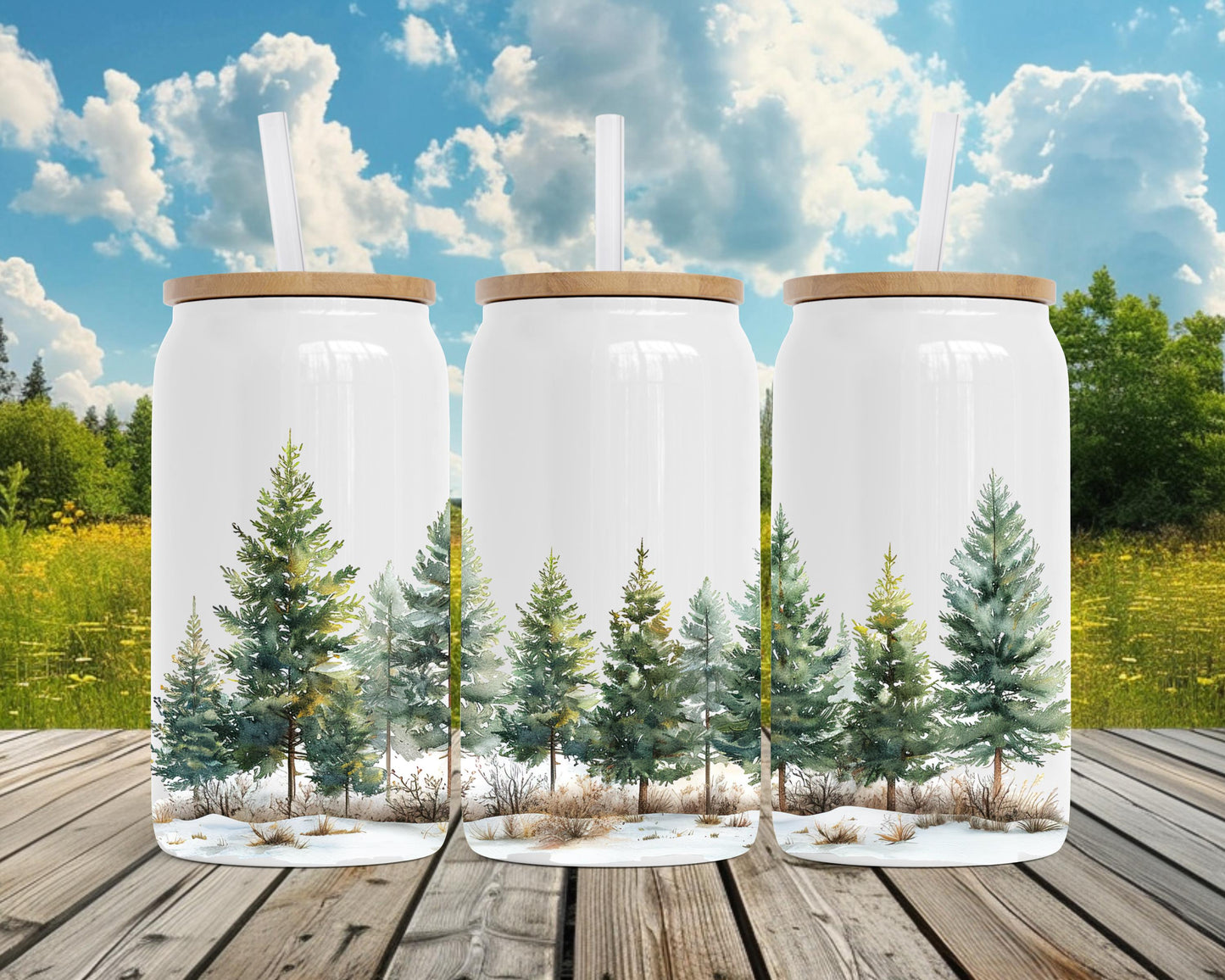 Winter Forest Tumbler, 16oz Soda Can, Pine Tree Watercolor Art, Forest Sipper