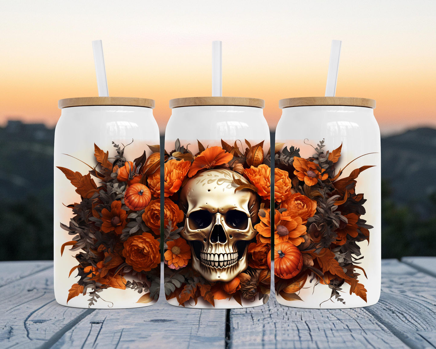 Fall Floral Skull Design, Insulated Steel Soda Can with Bamboo Lid, 16oz Cup, Skull Lover Gift