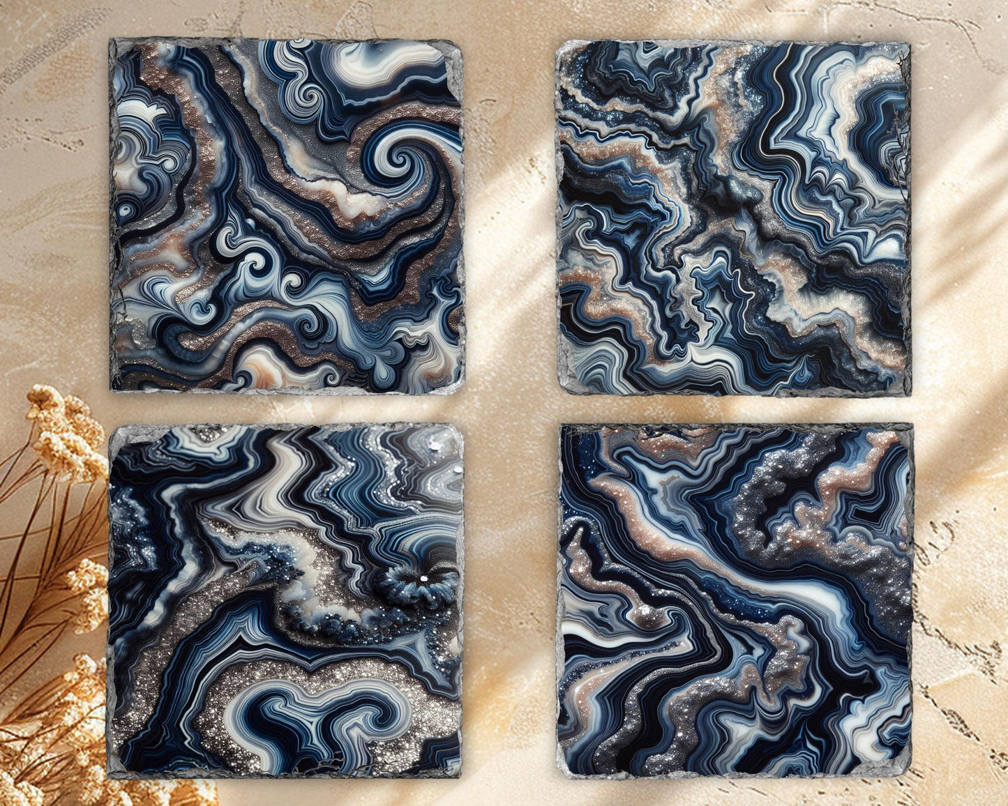 Navy Blue Silver Agate Pattern Slate Coasters - Set of 4 Ideal Housewarming Gift for Boho Home Decor