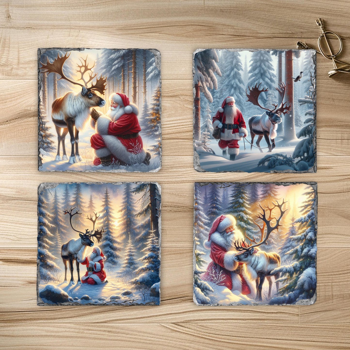 Fractured Edge Slate Coaster Set with Santa Reindeer Winter Scene 4 Sublimation Images Black Rack Perfect Holiday Gift