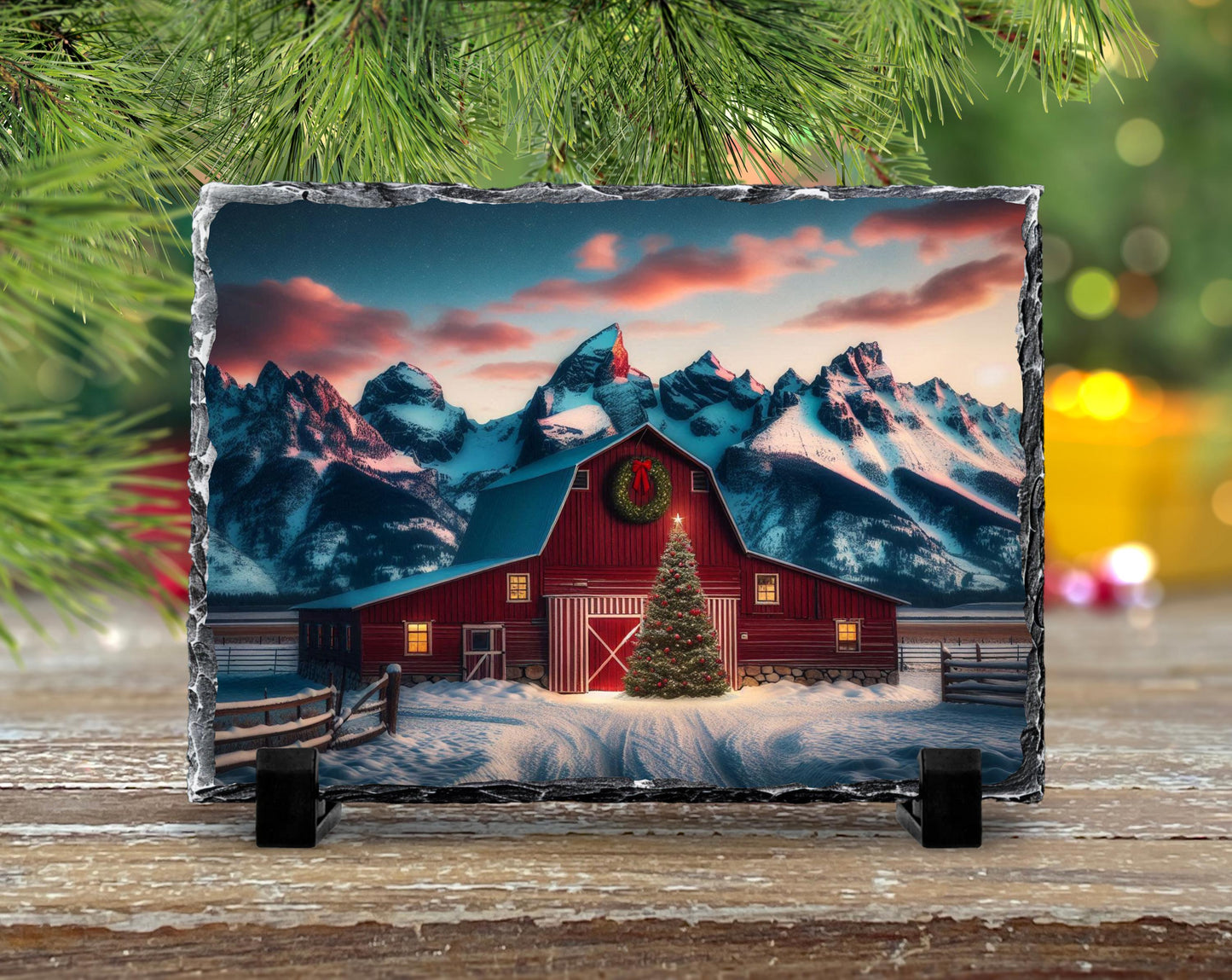 Christmas Slate Sign with Red Barn Mountain Scene - Fractured Edge Holiday Décor Gift