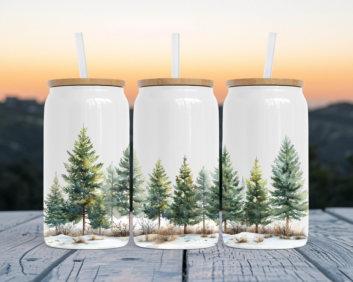 Winter Forest Tumbler, 16oz Soda Can, Pine Tree Watercolor Art, Forest Sipper