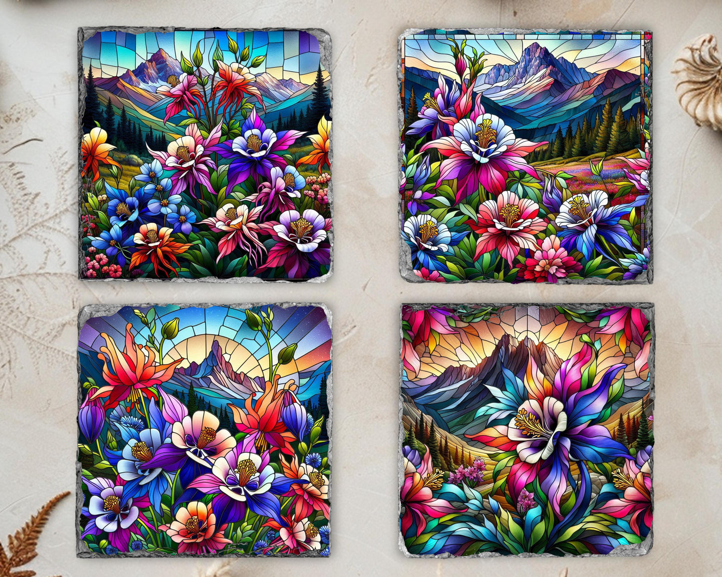 Rocky Mountain Columbine Slate Coaster Set - Rustic Nature-Inspired Home Decor Gift