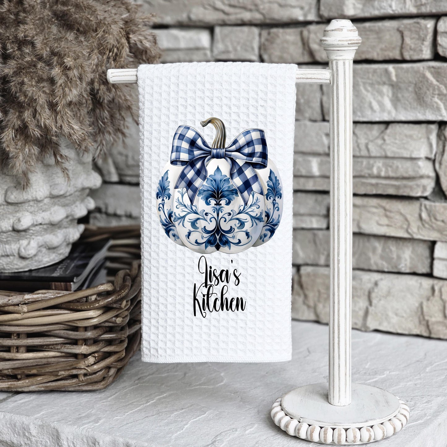 Chinoiserie Coquette Pumpkin Waffle Towel, Personalized Name Towel, Unique Hostess Gift
