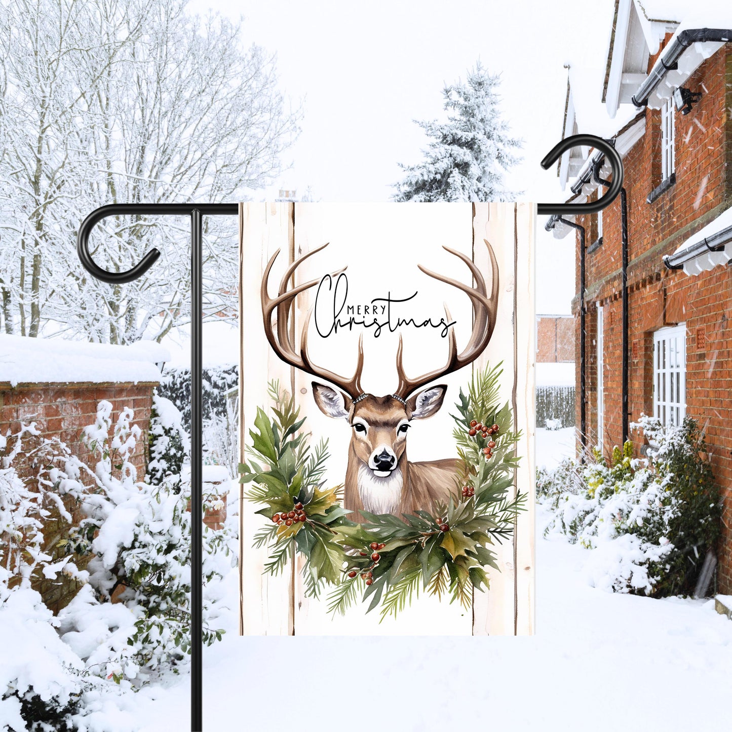 Woodland Merry Christmas Garden Flag - 12x18 Inch Holiday Outdoor Decor