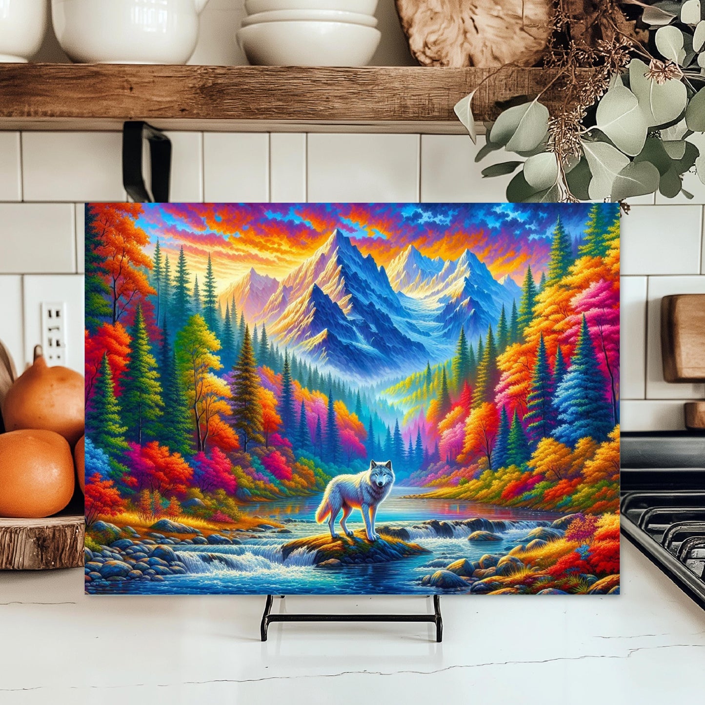 Vibrant Wolf Glass Cutting Board 11x15 Inch Fall Mountains Design - Unique Hostess Gift