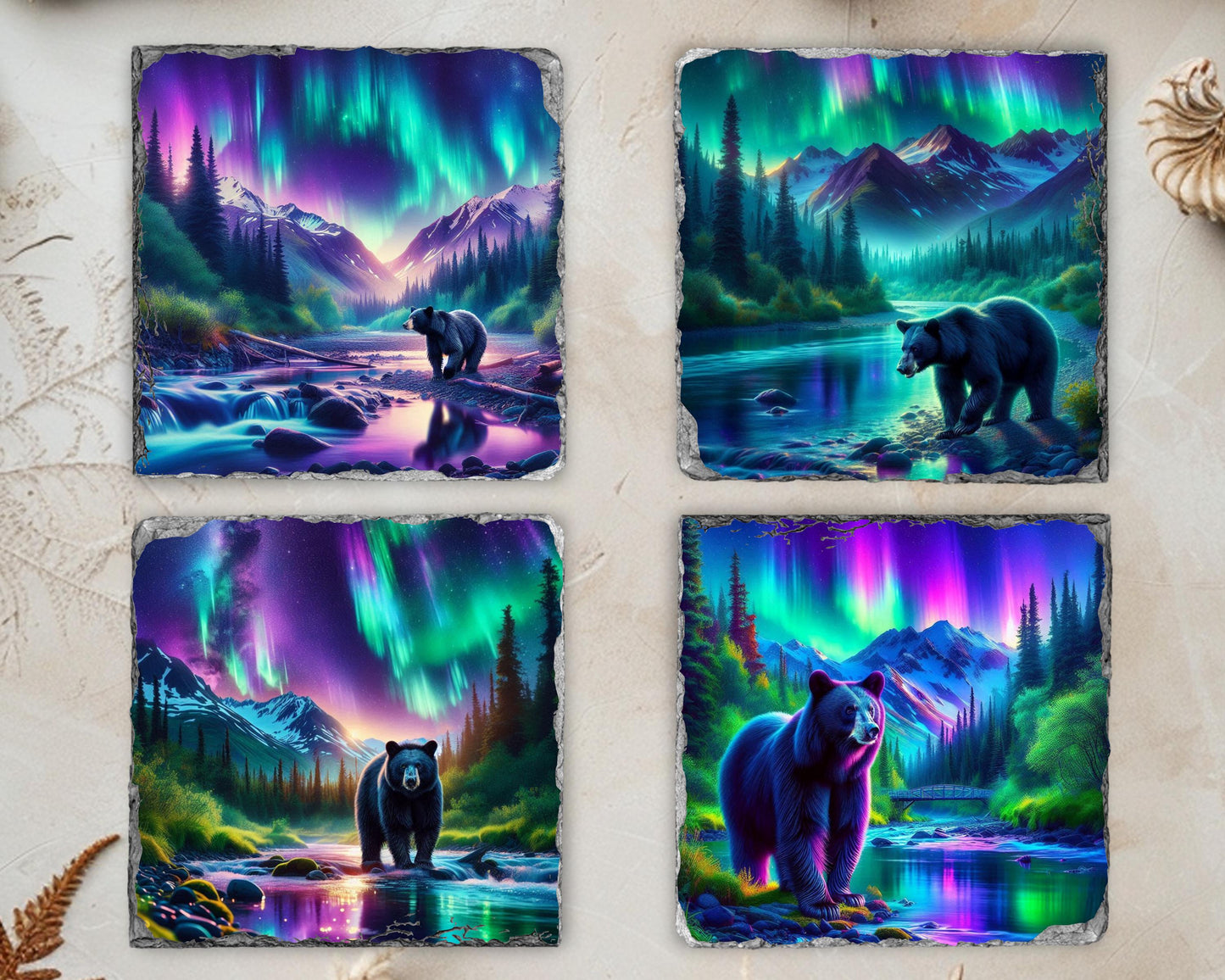 Black Bear Slate Coaster Set - Rustic Cabin Drinkware Decor for Nature Lovers