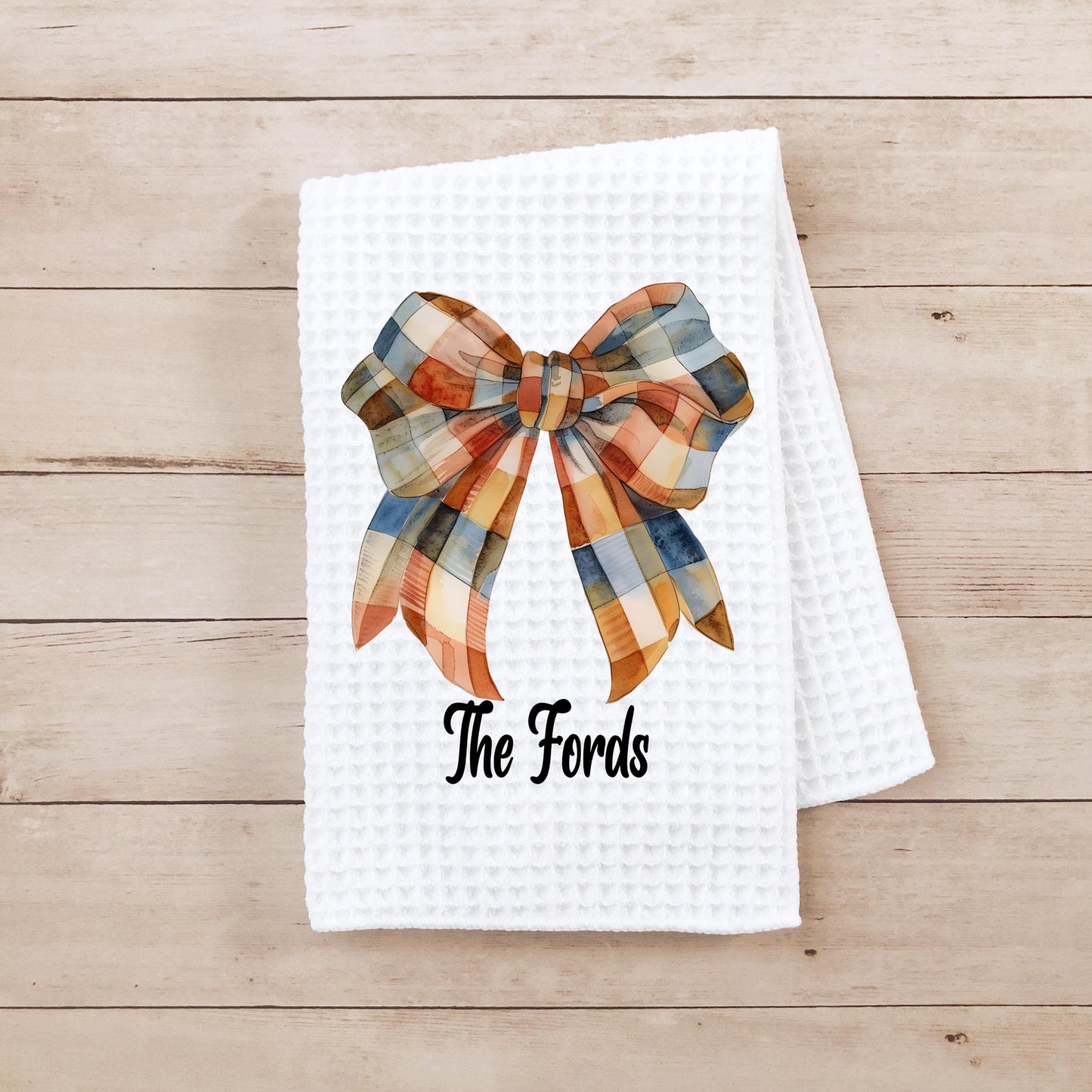 Personalized Fall Gingham Bow Waffle Weave Towel, Custom Kitchen Decor, Unique Gift for Her, Hostess Gift, Autumn Gingham Bow Towel