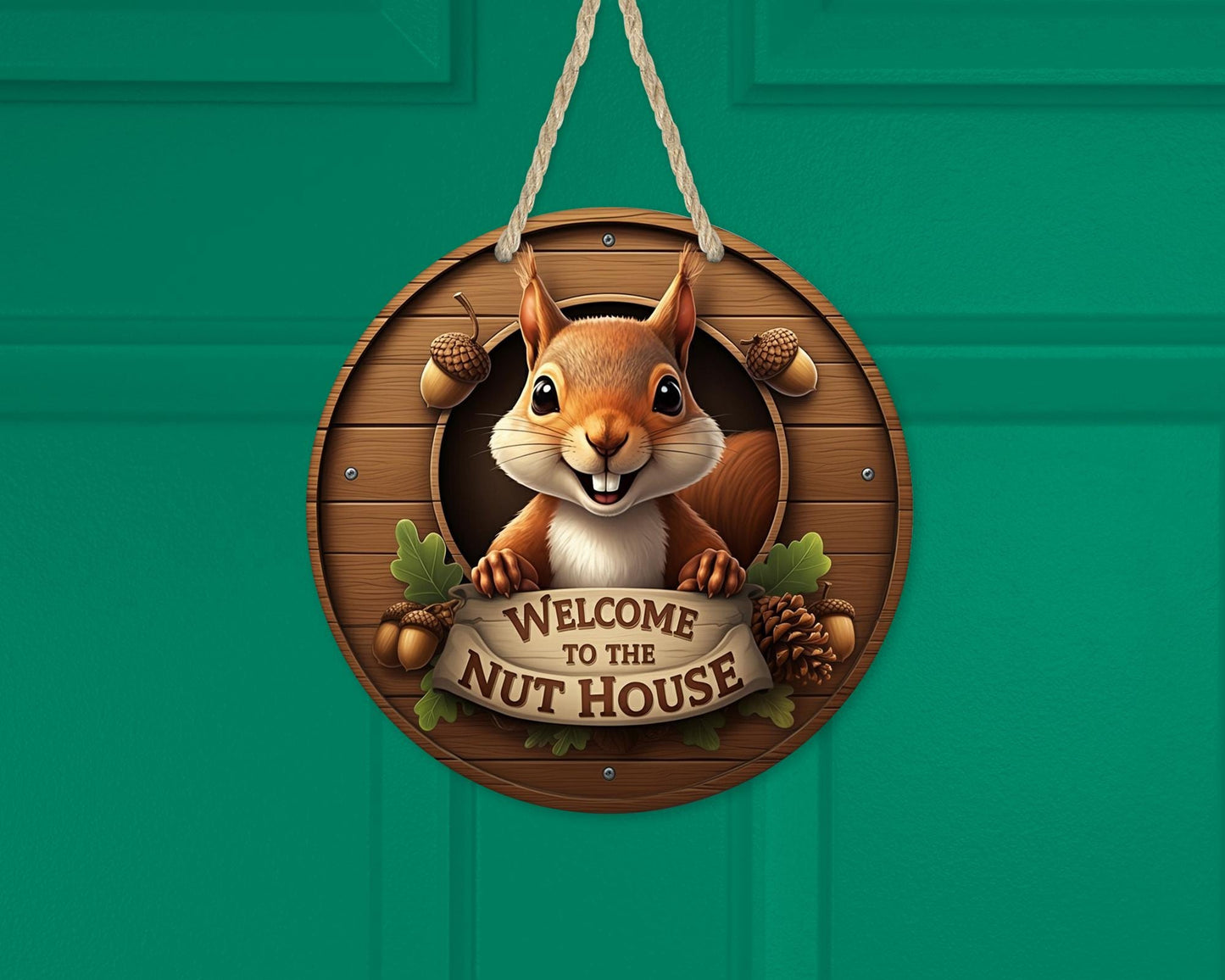10 Round Nut House Door Wreath with Squirrel - Quirky Front Door Decor Unique Gift for Squirrel Lovers