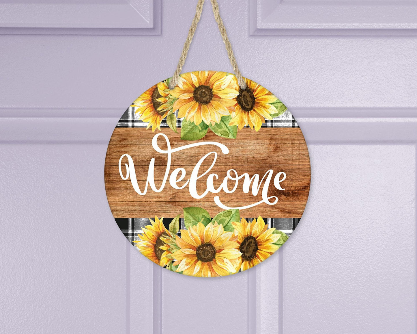 Aluminum Welcome Sign with Buffalo Plaid and Sunflowers - Unique Front Door Decor Housewarming Gift