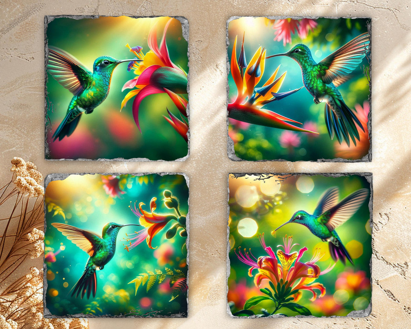Hummingbird Slate Coaster Set - Colorful Floral Drink Coasters for Nature Enthusiasts