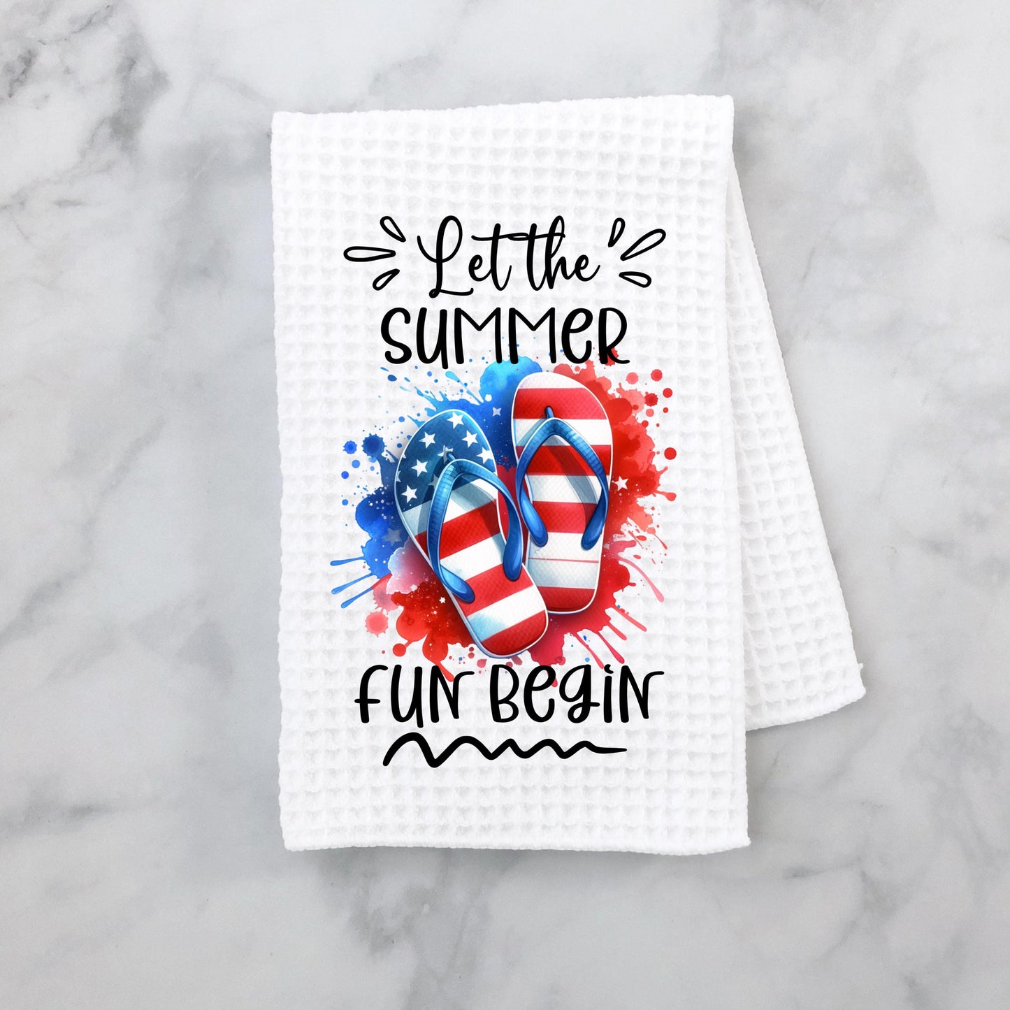 Patriotic Flip Flops Quote Waffle Weave Towel, Summer Fun Decor, Unique Hostess Gift