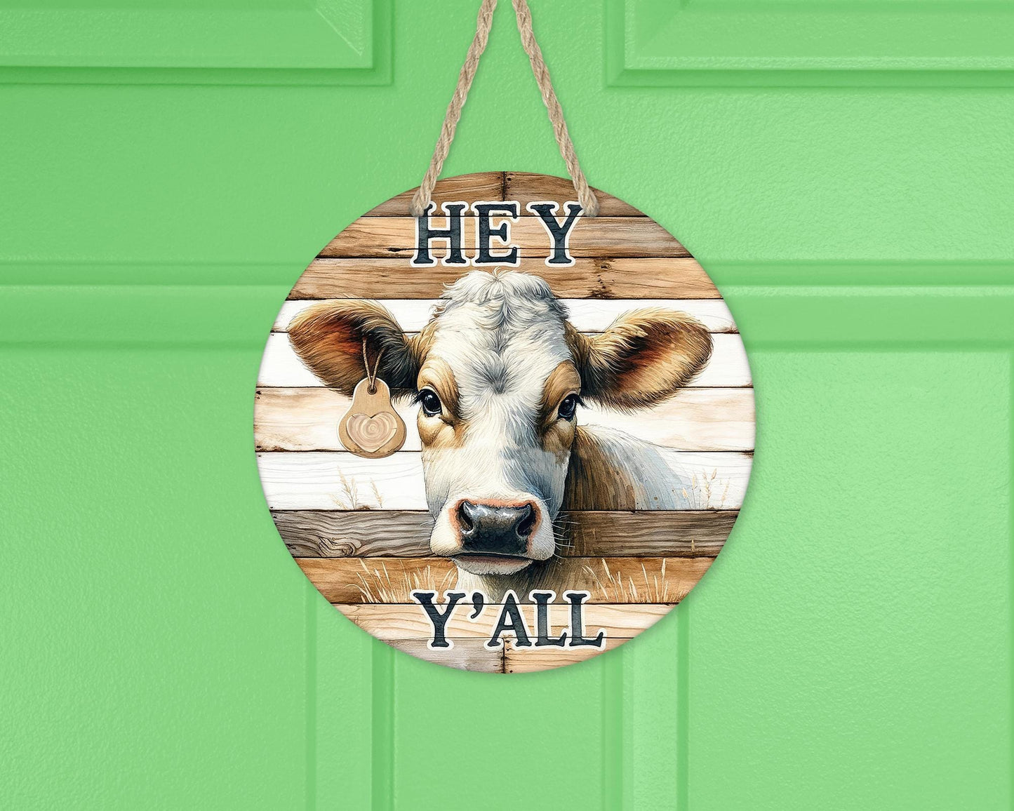 Farmhouse Round Door Wreath with Cow Decor, Faux Wood Hey Y'all Sign Unique Gifts for Cow Lover, Front Porch Decor, New Home Gift, Cow Door