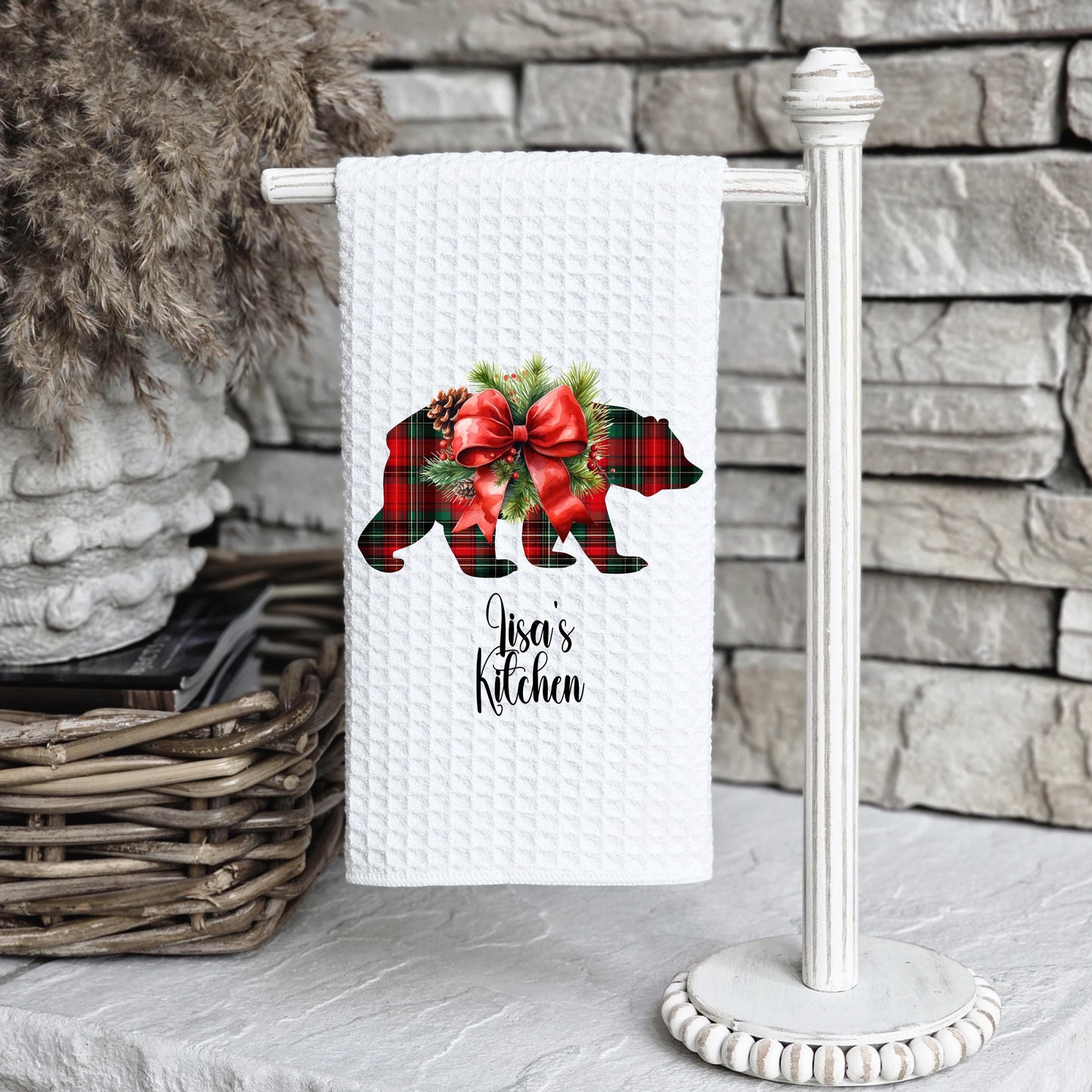 Personalized Christmas Bear Kitchen Towel - Cute Holiday Decor Gift for Home