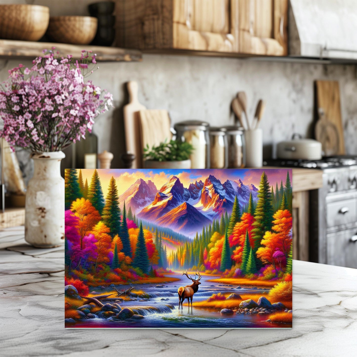 Glass Cutting Board with Elk in Mountain River Design - Fall Wildlife Kitchen Decor