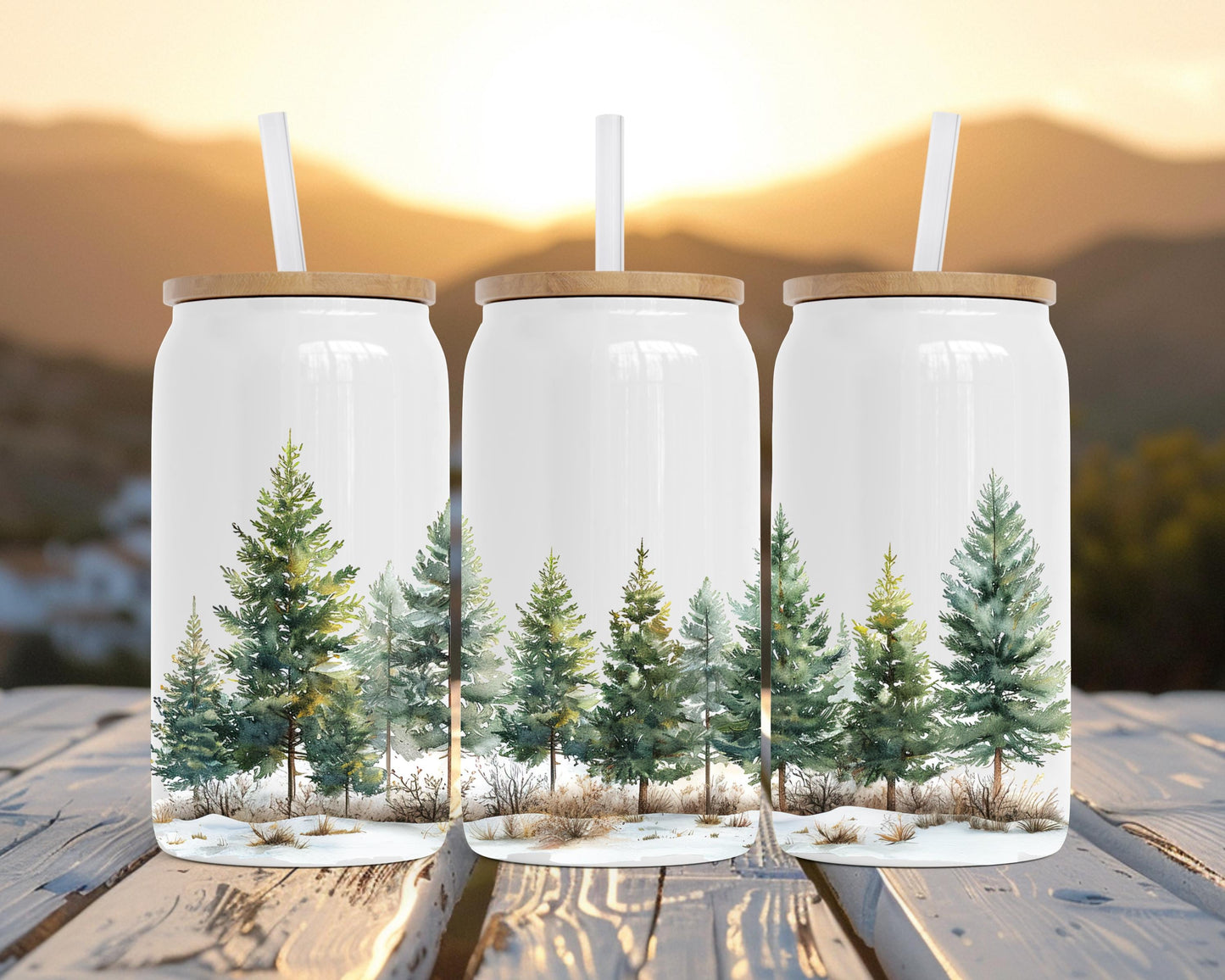 Winter Forest Tumbler, 16oz Soda Can, Pine Tree Watercolor Art, Forest Sipper