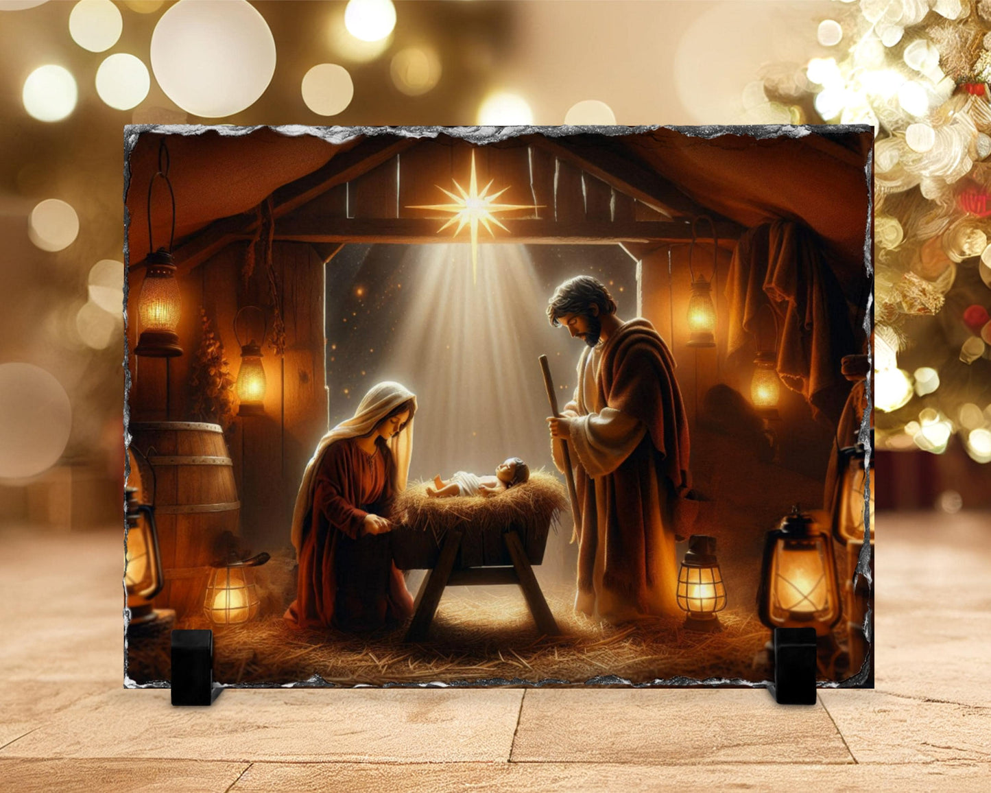 Religious Slate Wall Art - Mary Jesus Nativity Scene with Fractured Edges - Unique Christmas Home Decor Gift