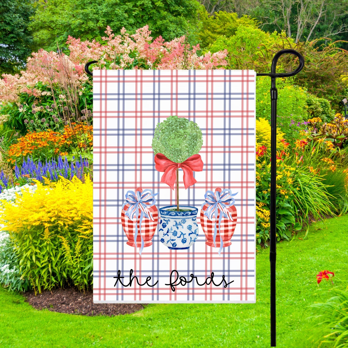 Preppy Housewarming Gift, Custom 4th of July Garden Flag with Chinoiserie Topiary, New Home Housewarming Gift, Preppy Garden Flag