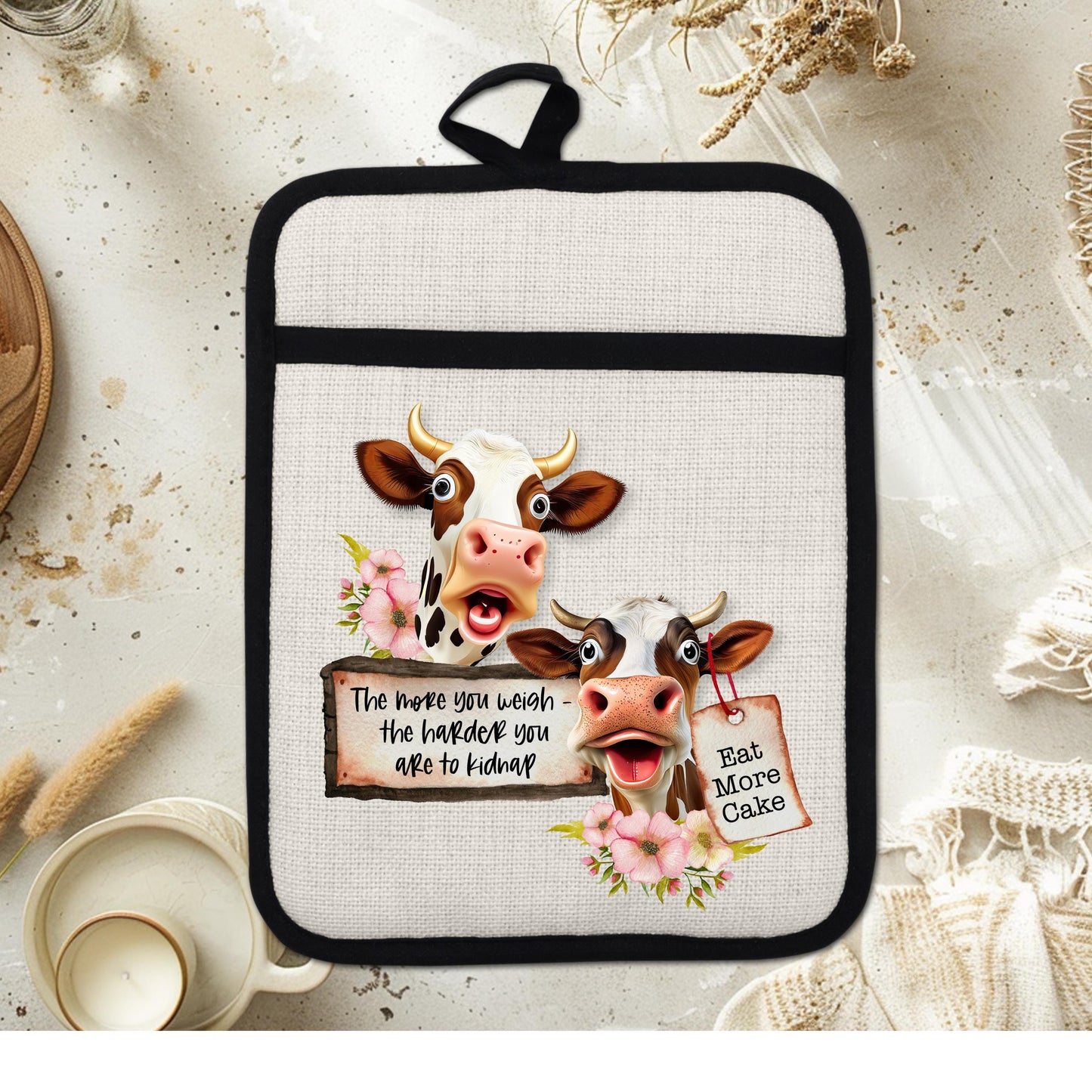 Funny Cow Pot Holder with Floral Design Cake Quote - Charming Farmhouse Kitchen Gift