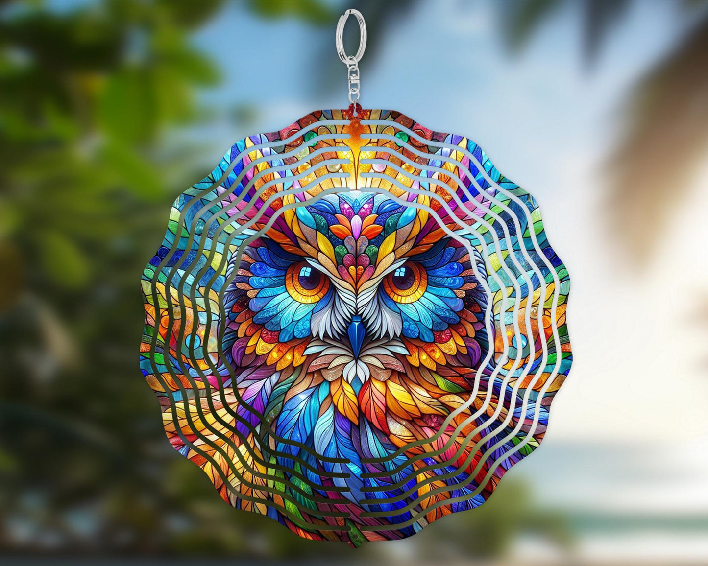 Vibrant Owl Head Wind Spinner with UV Protection, Nature Inspired Housewarming Gift, Bird Watcher Gift, Hanging Wind Sculpture, Owl Lovers