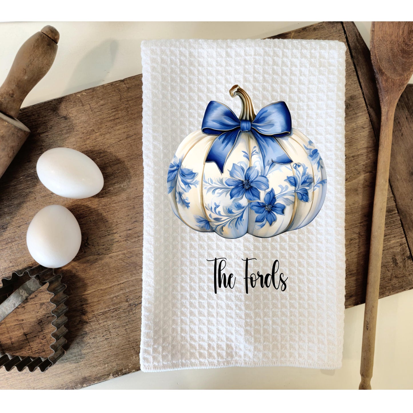 Custom Name Waffle Weave Towel, Chinoiserie Coquette Pumpkin & Blue Bow