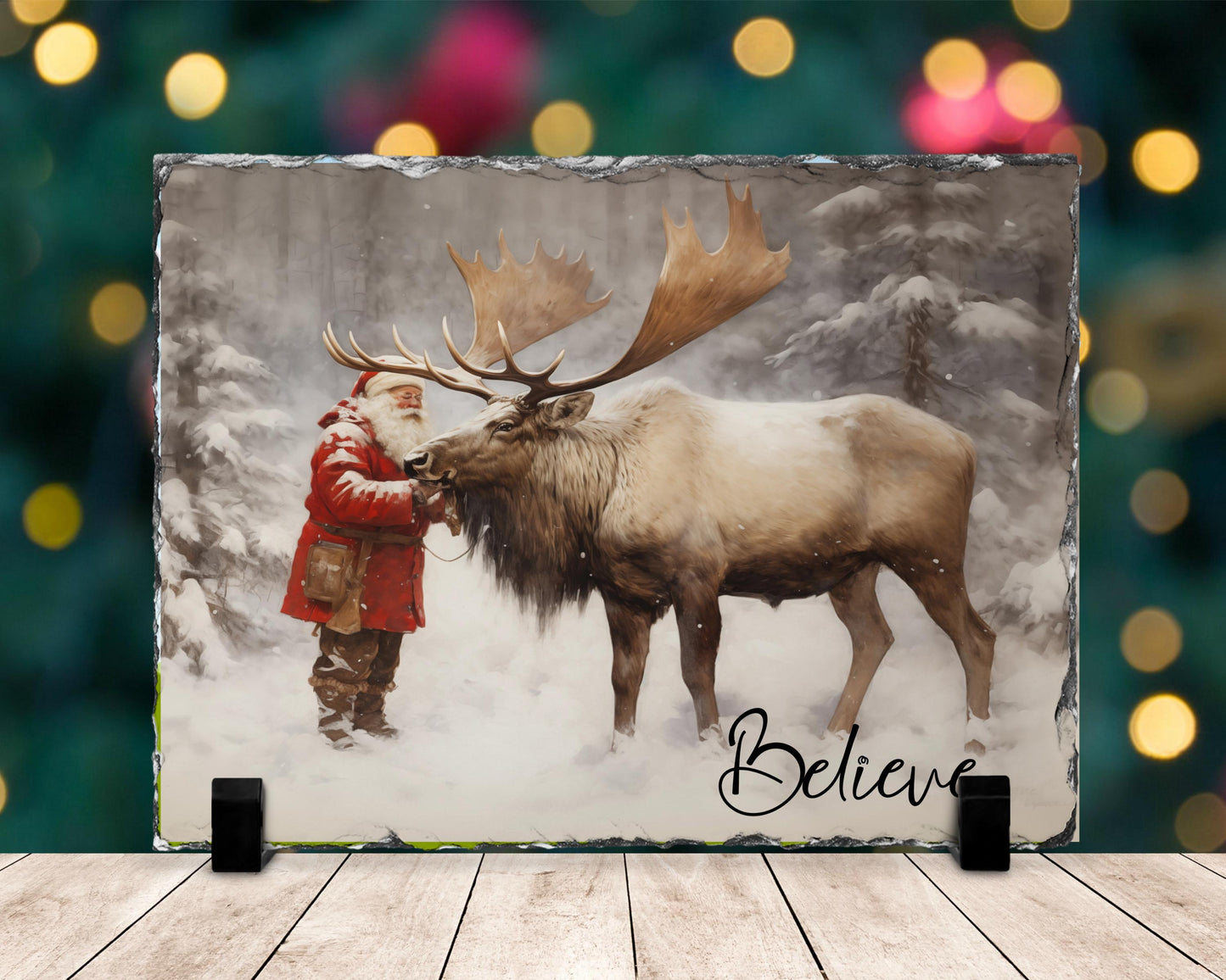 Believe Quote Slate Plaque with Santa Reindeer - Fractured Edge Christmas Decor