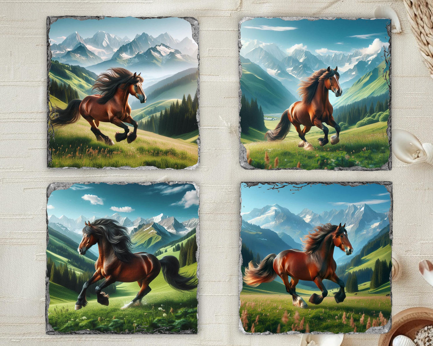Horse Slate Coaster Set with Rack - Rustic Mountain Valley Art for Equestrian Farmhouse Decor