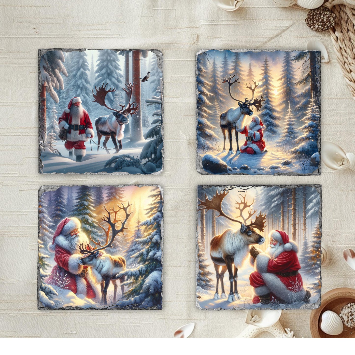 Fractured Edge Slate Coaster Set with Santa Reindeer Winter Scene 4 Sublimation Images Black Rack Perfect Holiday Gift