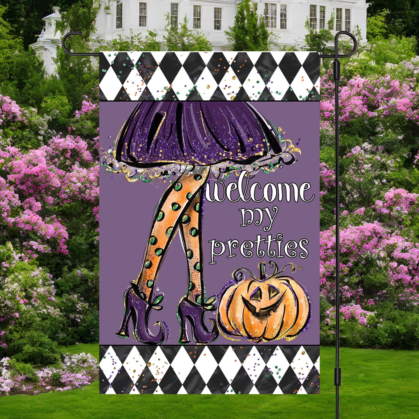 Double-Sided Halloween Garden Flag - 12x18 Inch Witch Legs Welcome My Pretties
