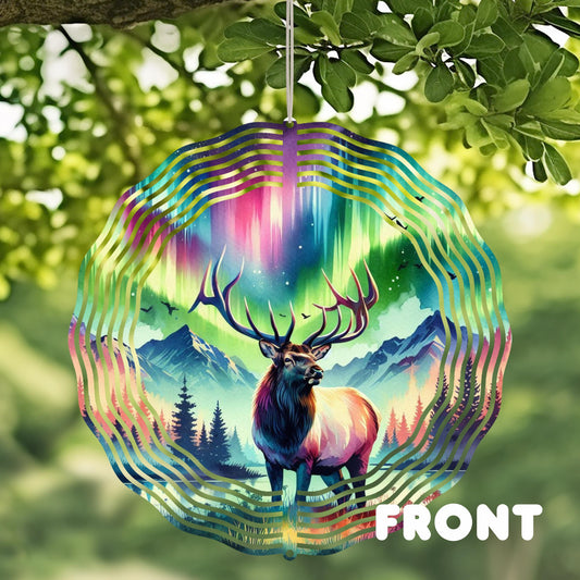 Elk Wind Spinner - 10x10 Double-Sided Outdoor Art with Watercolor Northern Lights Design