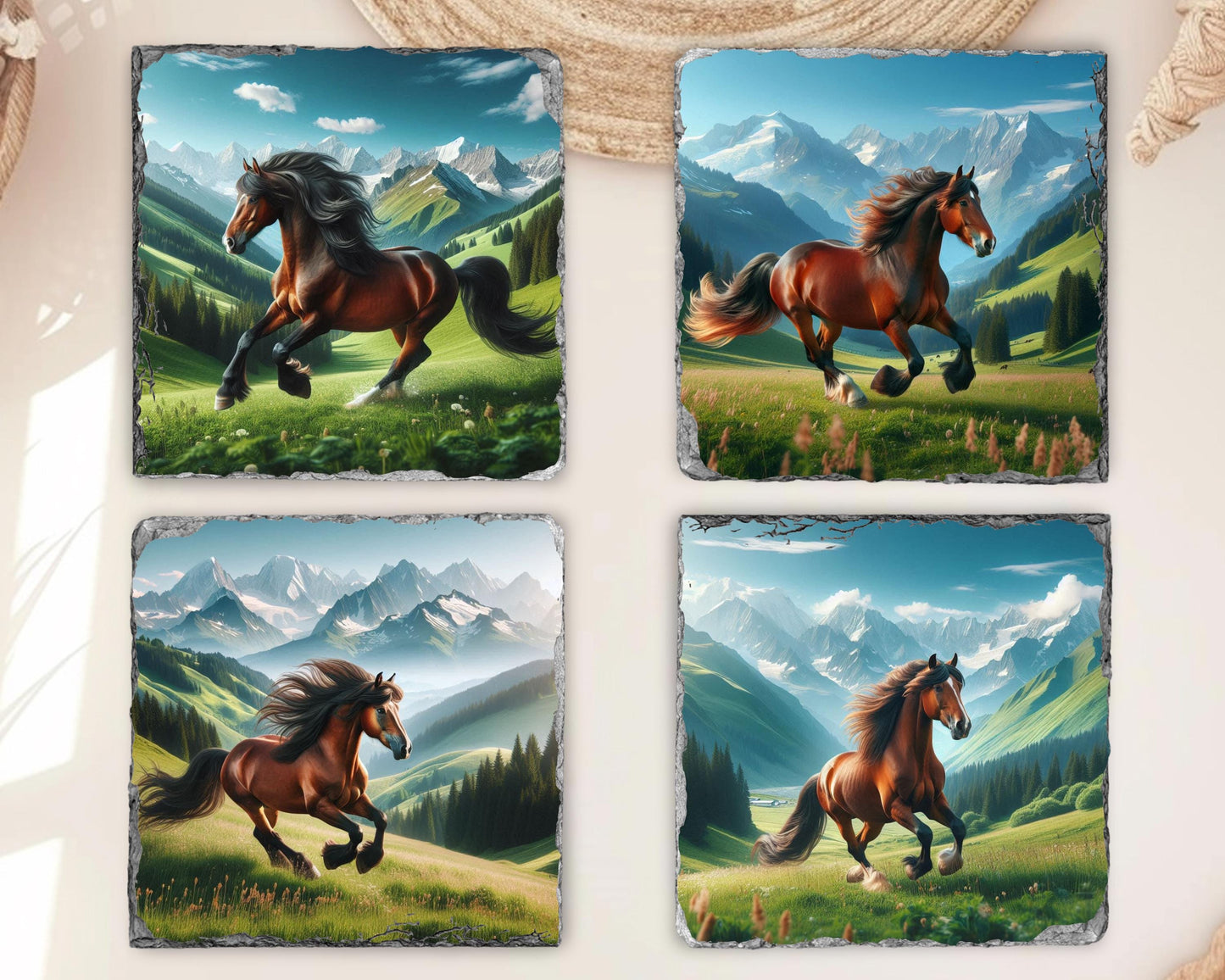 Horse Slate Coaster Set with Rack - Rustic Mountain Valley Art for Equestrian Farmhouse Decor
