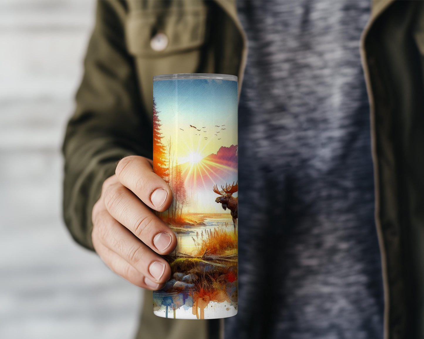 Moose Tumbler - Rustic Autumn Travel Cup with Mountain Sunset Scene for Nature Lovers