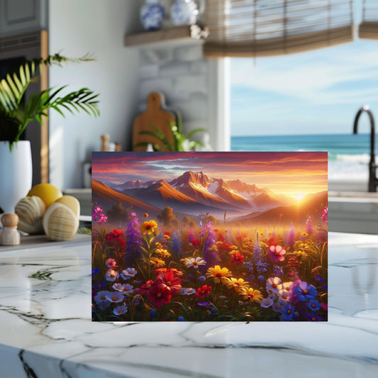 Mountain Valley Sunset Cutting Board with Wildflowers  Snow-Capped Peaks - Perfect Gift for Outdoor Lovers  Hostess