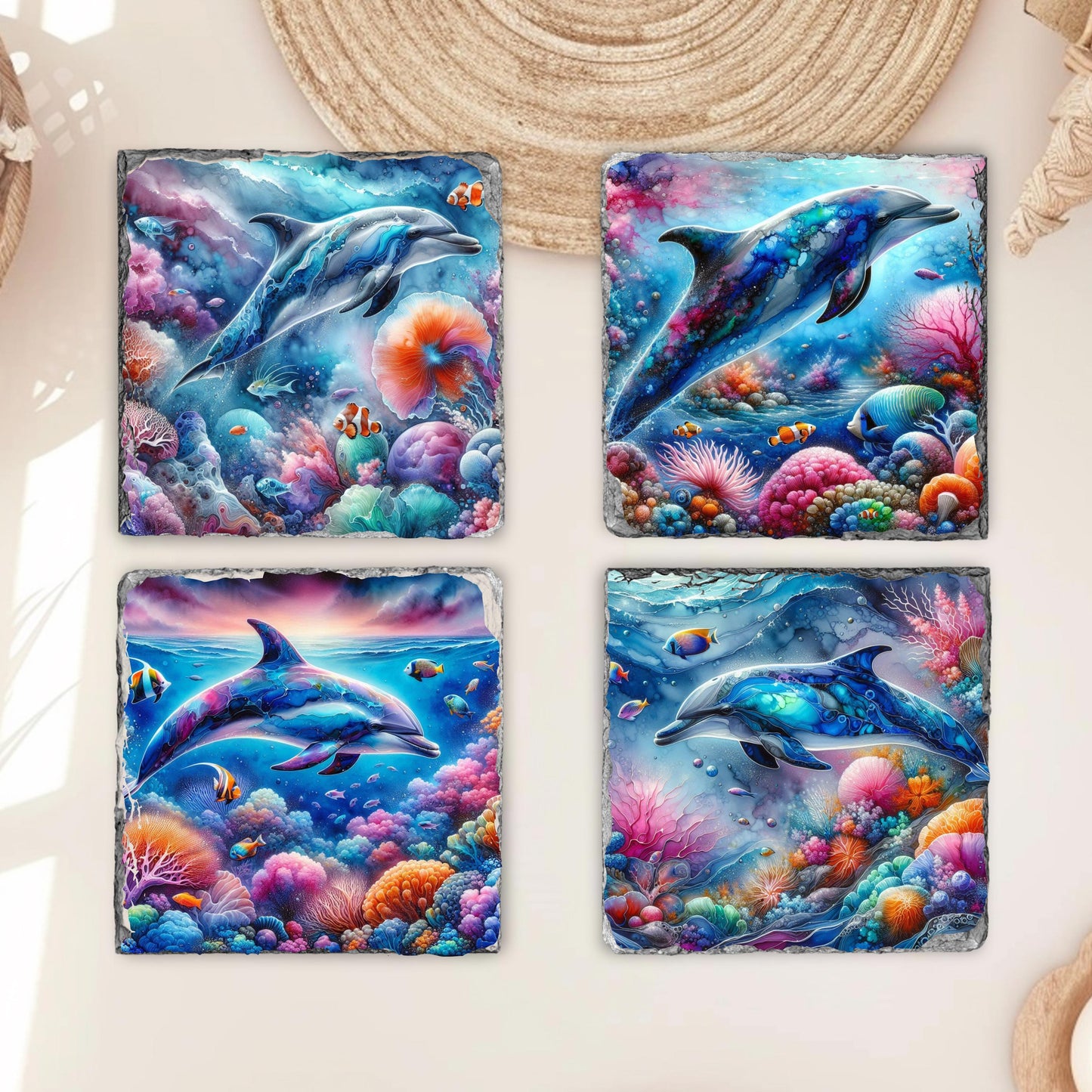 Dolphin Slate Coaster Set with Rack - Ocean-Themed Drink Coasters for Beach House Decor Gifts