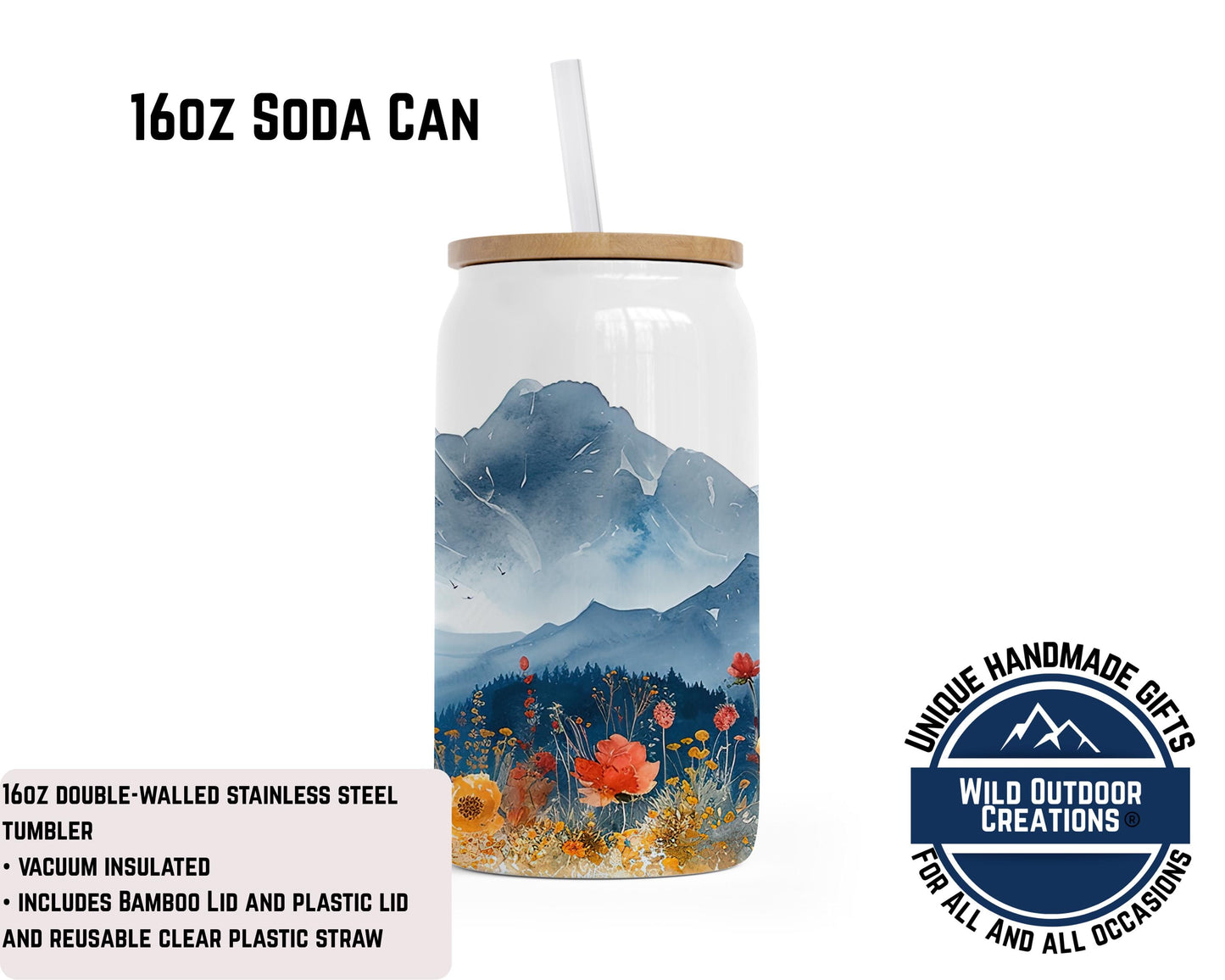 Eco-Friendly Stainless Steel Soda Can with Bamboo Lid, Mountain Watercolor Print