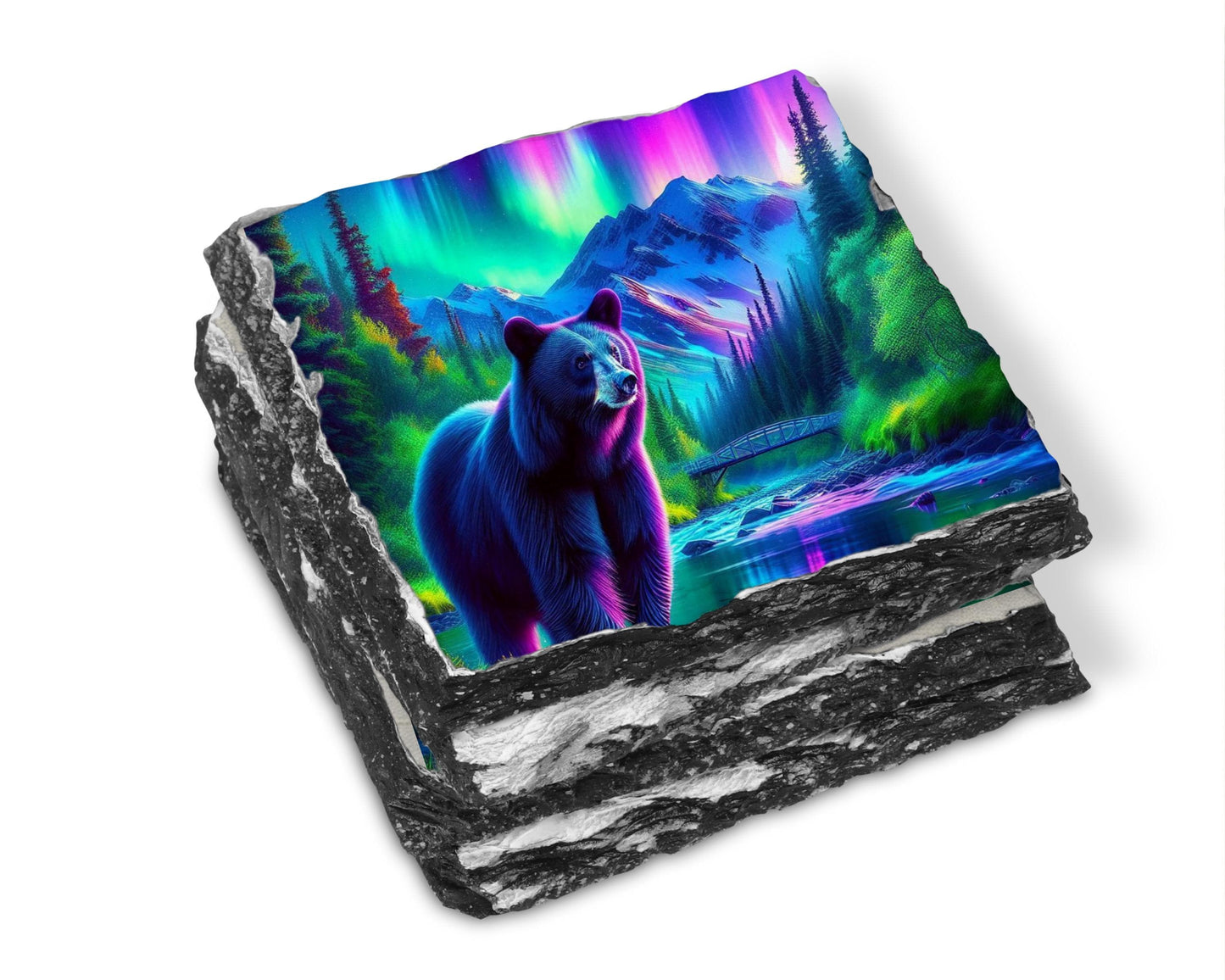 Black Bear Slate Coaster Set - Rustic Cabin Drinkware Decor for Nature Lovers