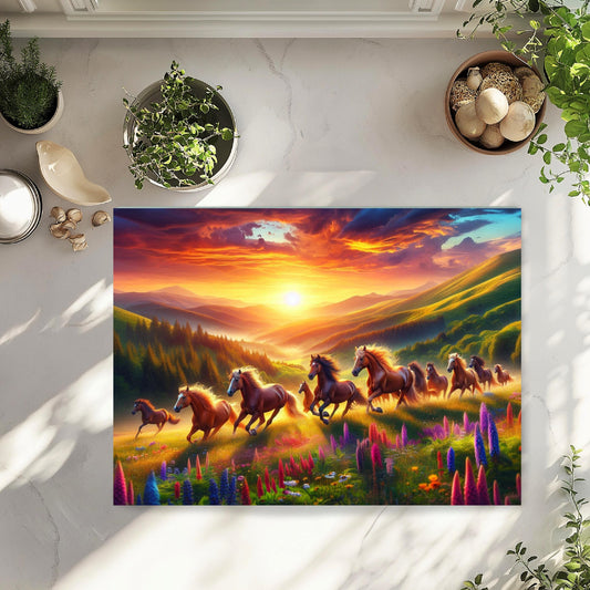 Wild Horse Sunset Cutting Board - Rustic Kitchen Decor for Horse Lovers Mountain Valley Design with Wildflowers