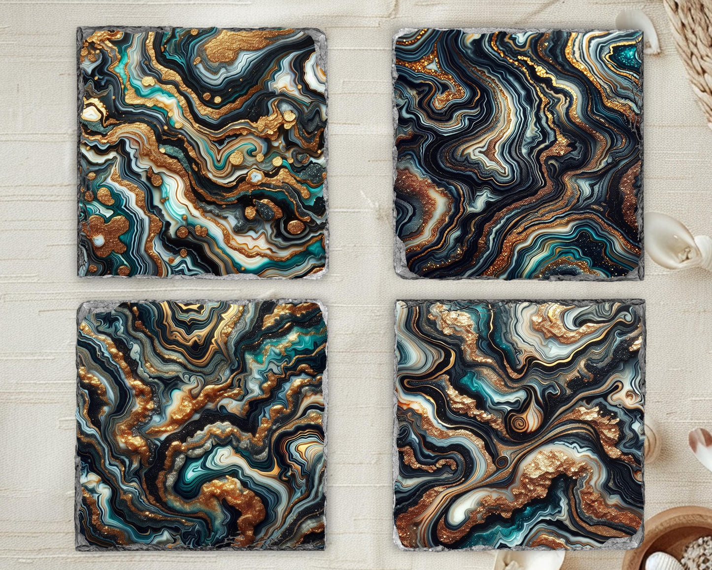 Black and Gold Agate Coaster Set with Faux Glitter - Elegant Hostess Gift and Holiday Present