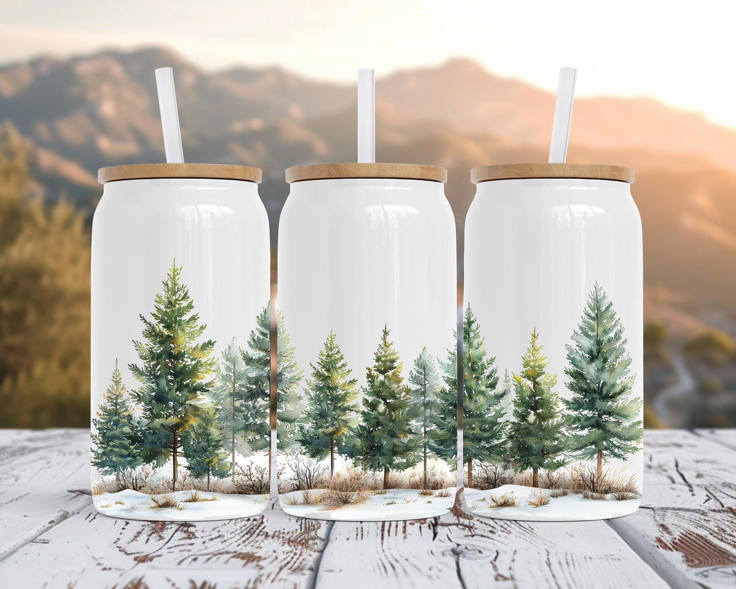 Winter Forest Tumbler, 16oz Soda Can, Pine Tree Watercolor Art, Forest Sipper