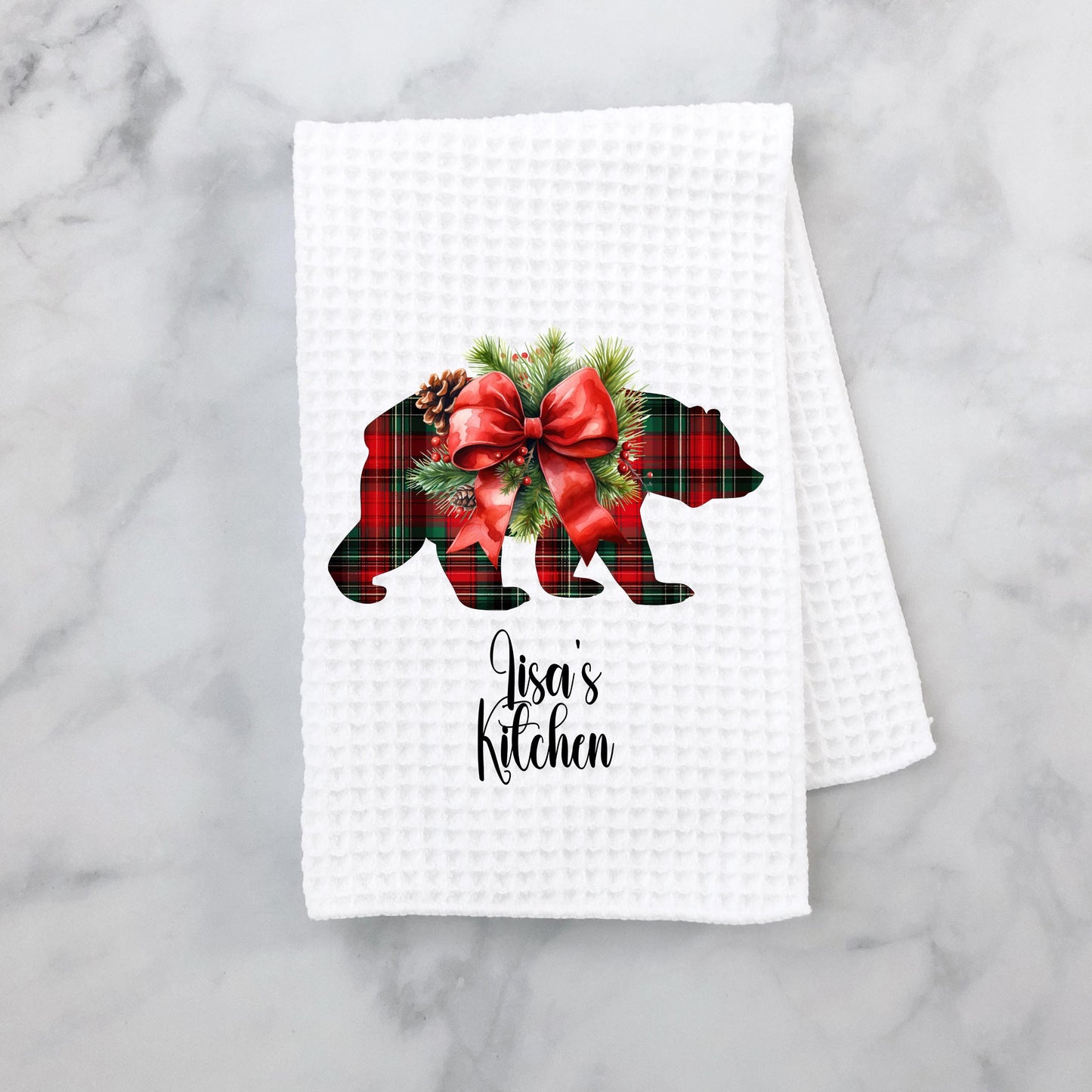 Personalized Christmas Bear Kitchen Towel - Cute Holiday Decor Gift for Home