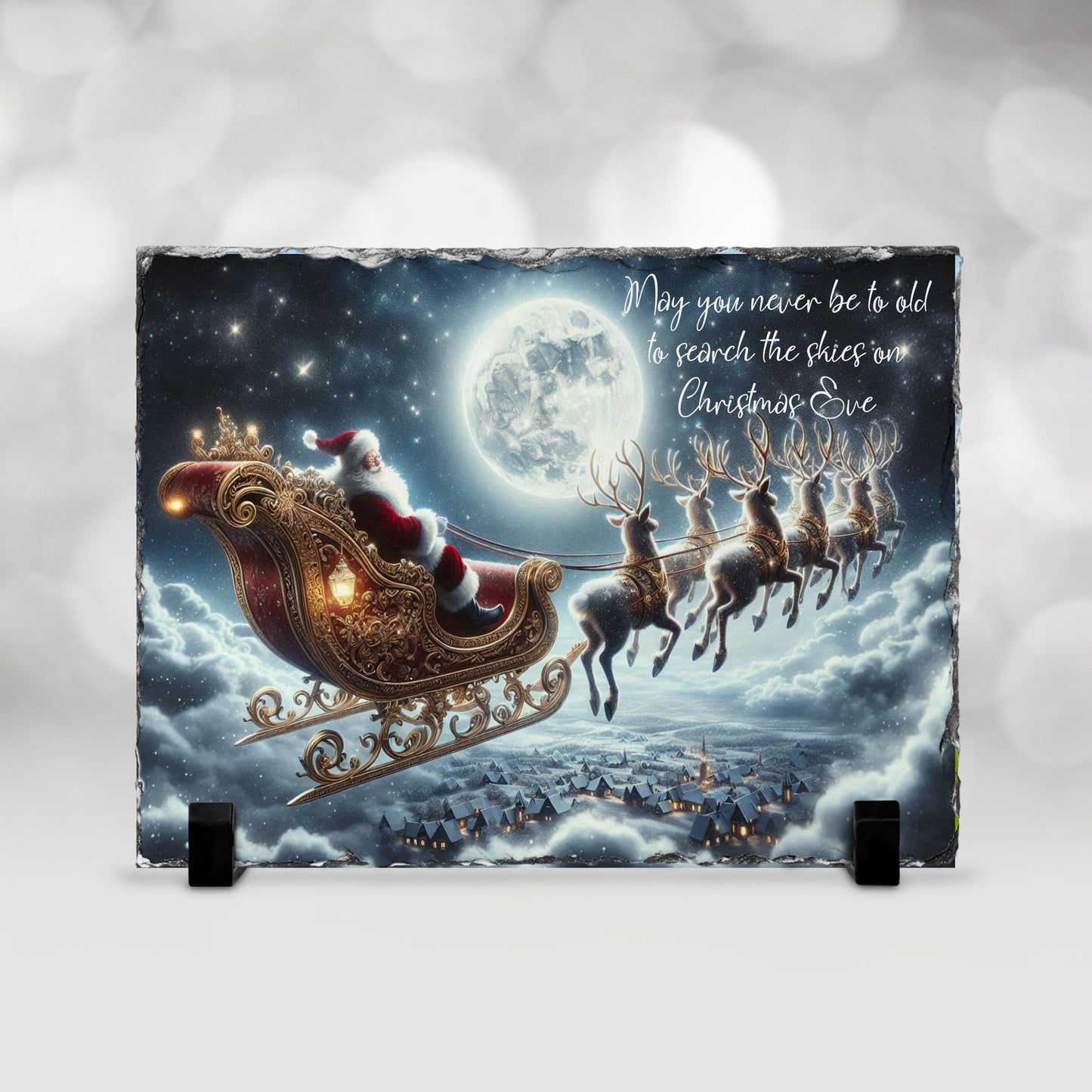 Handcrafted Holiday Slate Art with Santa Reindeer Full Moon Scene for Festive Home Decor