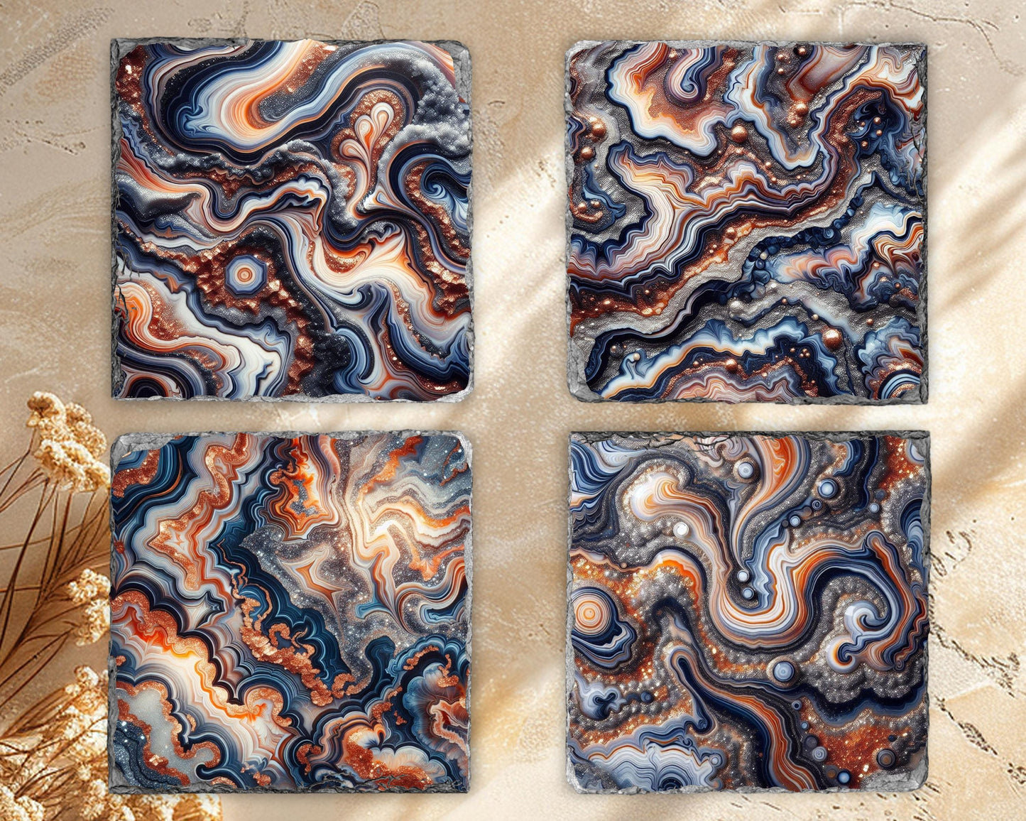 Blue Orange Silver Glitter Agate Coaster Set of 4 - Fractured Edge Boho Drinkware for Housewarming Gifts