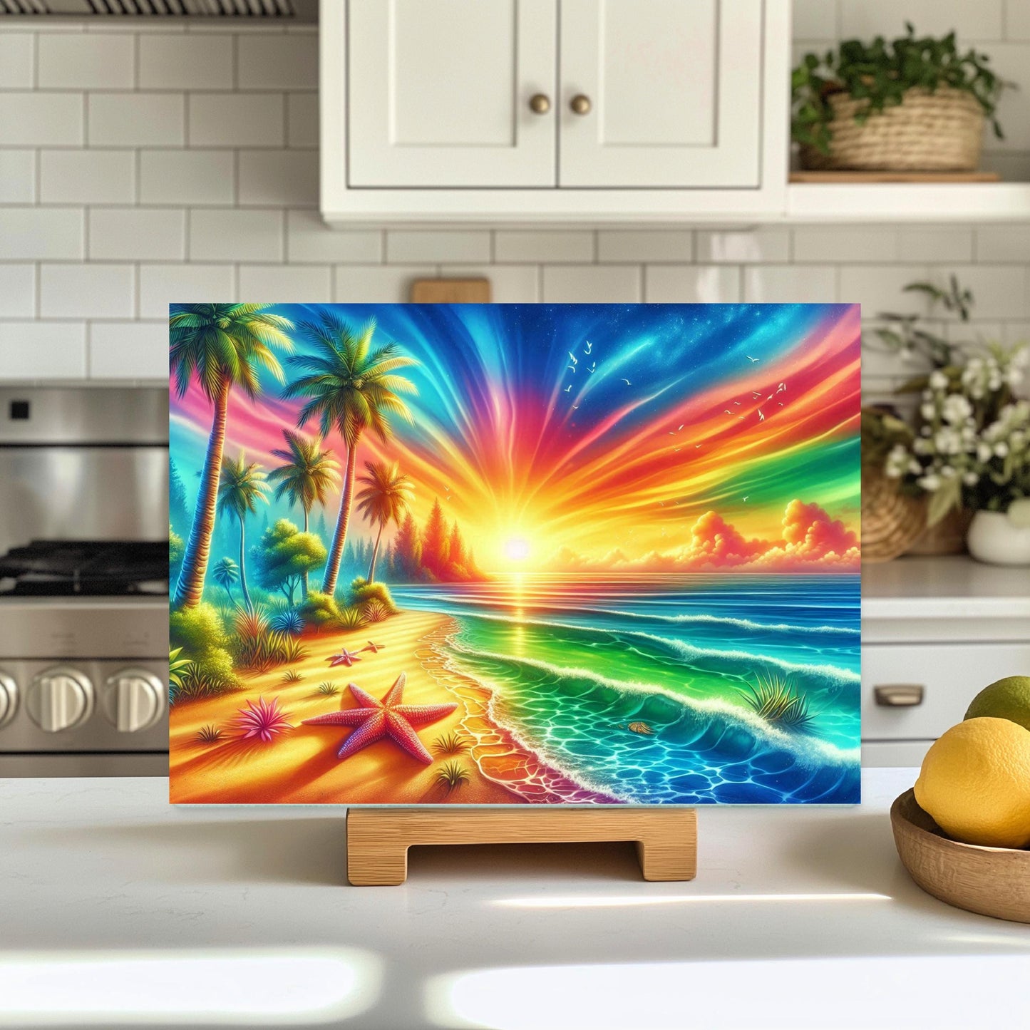 Tropical Sunset Glass Cutting Board with Starfish Design - Ideal Unique Hostess Gift