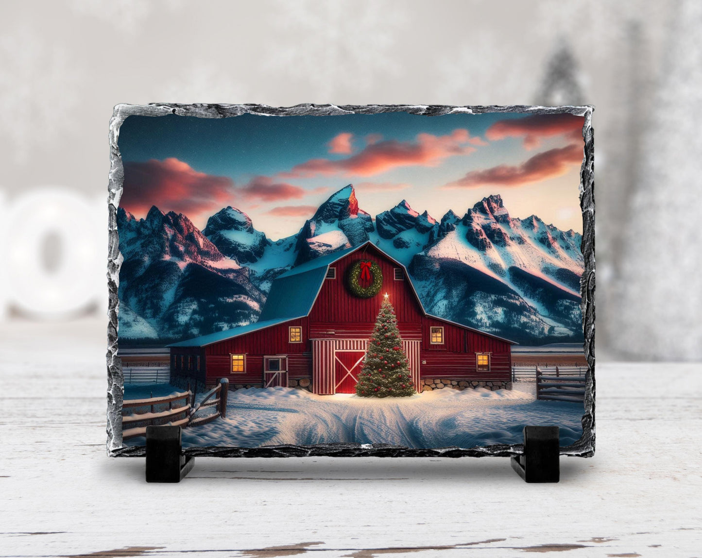 Christmas Slate Sign with Red Barn Mountain Scene - Fractured Edge Holiday Décor Gift