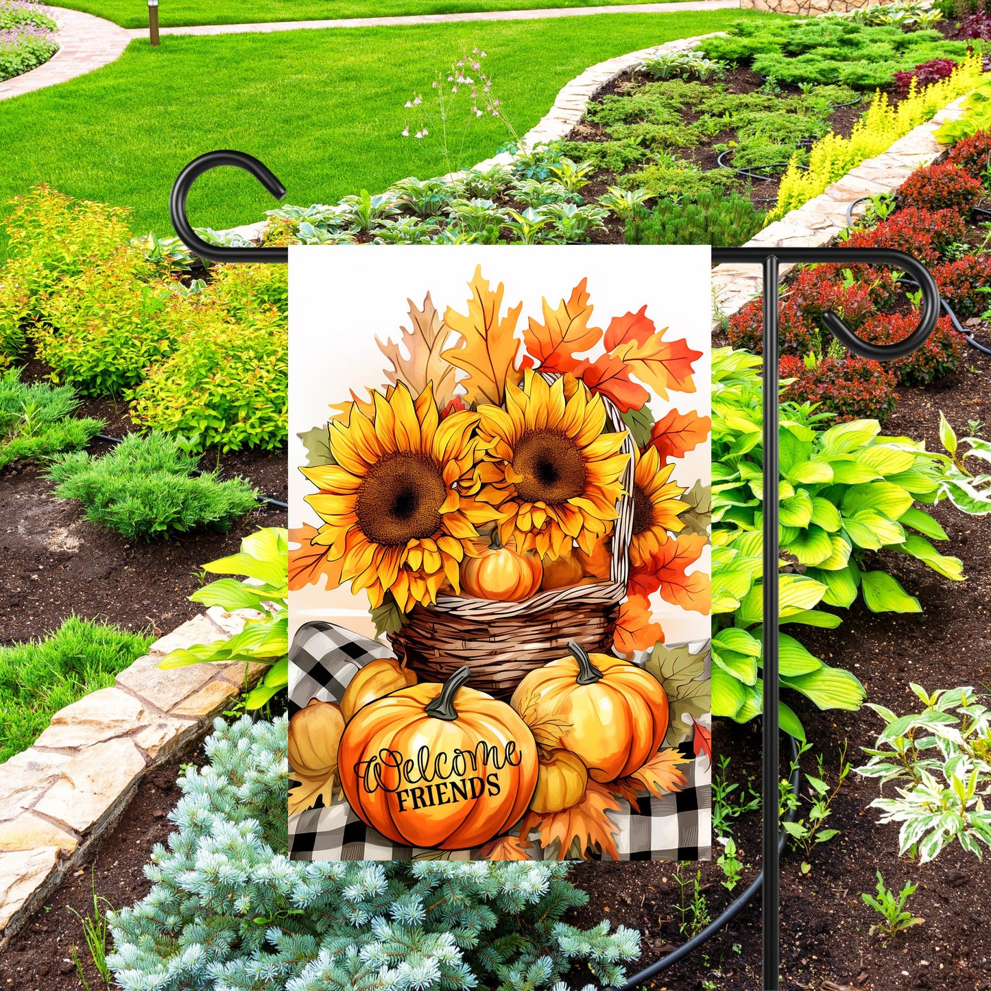 Double-Sided Sunflower Garden Flag 12x18 Inch Pumpkins Welcome Friends for Fall Decor