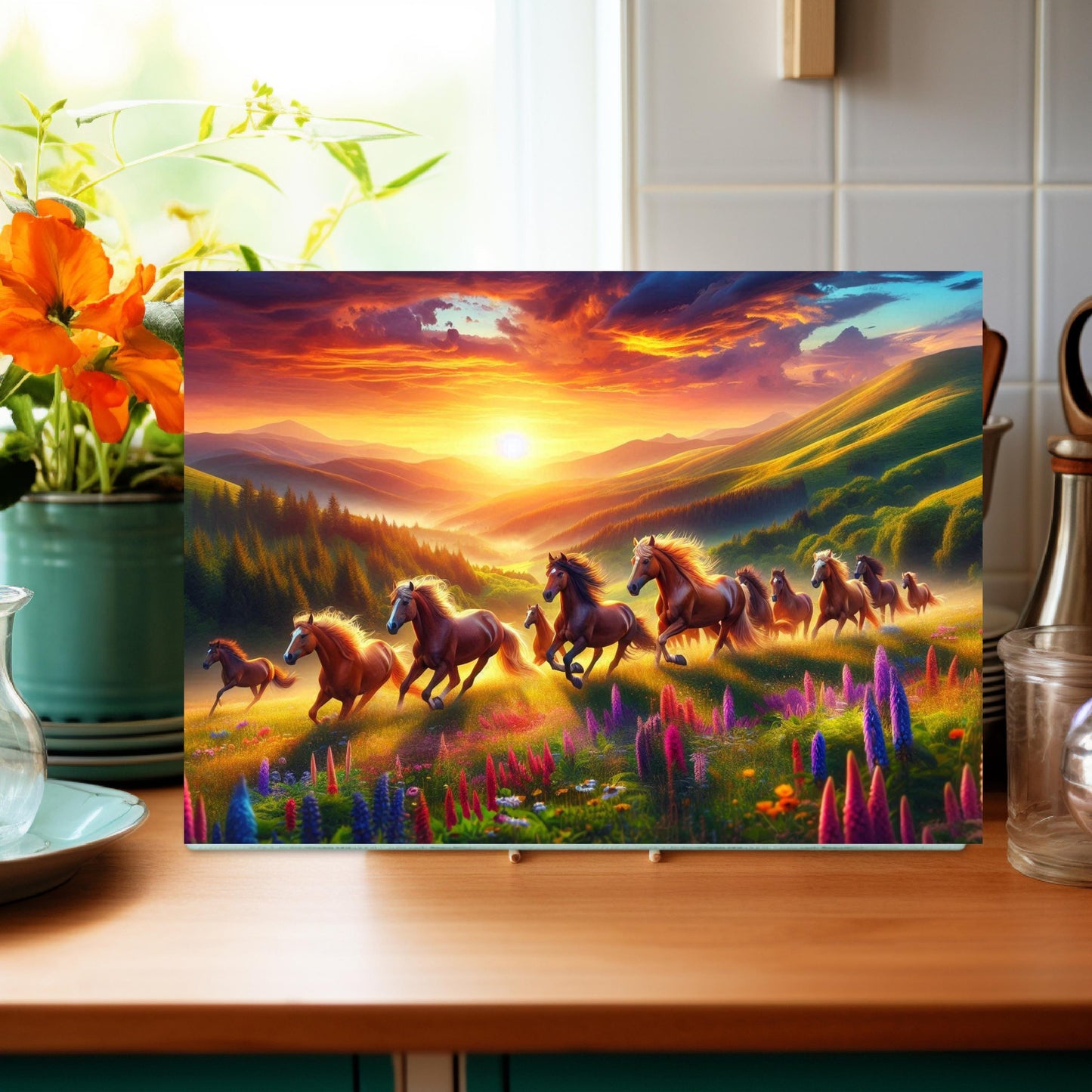 Wild Horse Sunset Cutting Board - Rustic Kitchen Decor for Horse Lovers Mountain Valley Design with Wildflowers