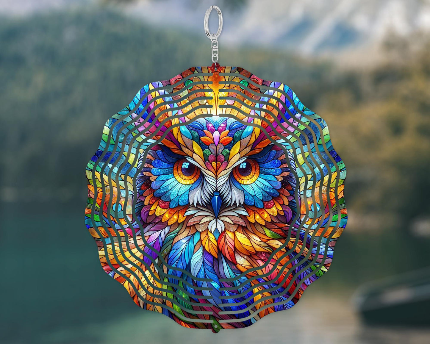 Vibrant Owl Head Wind Spinner with UV Protection, Nature Inspired Housewarming Gift, Bird Watcher Gift, Hanging Wind Sculpture, Owl Lovers