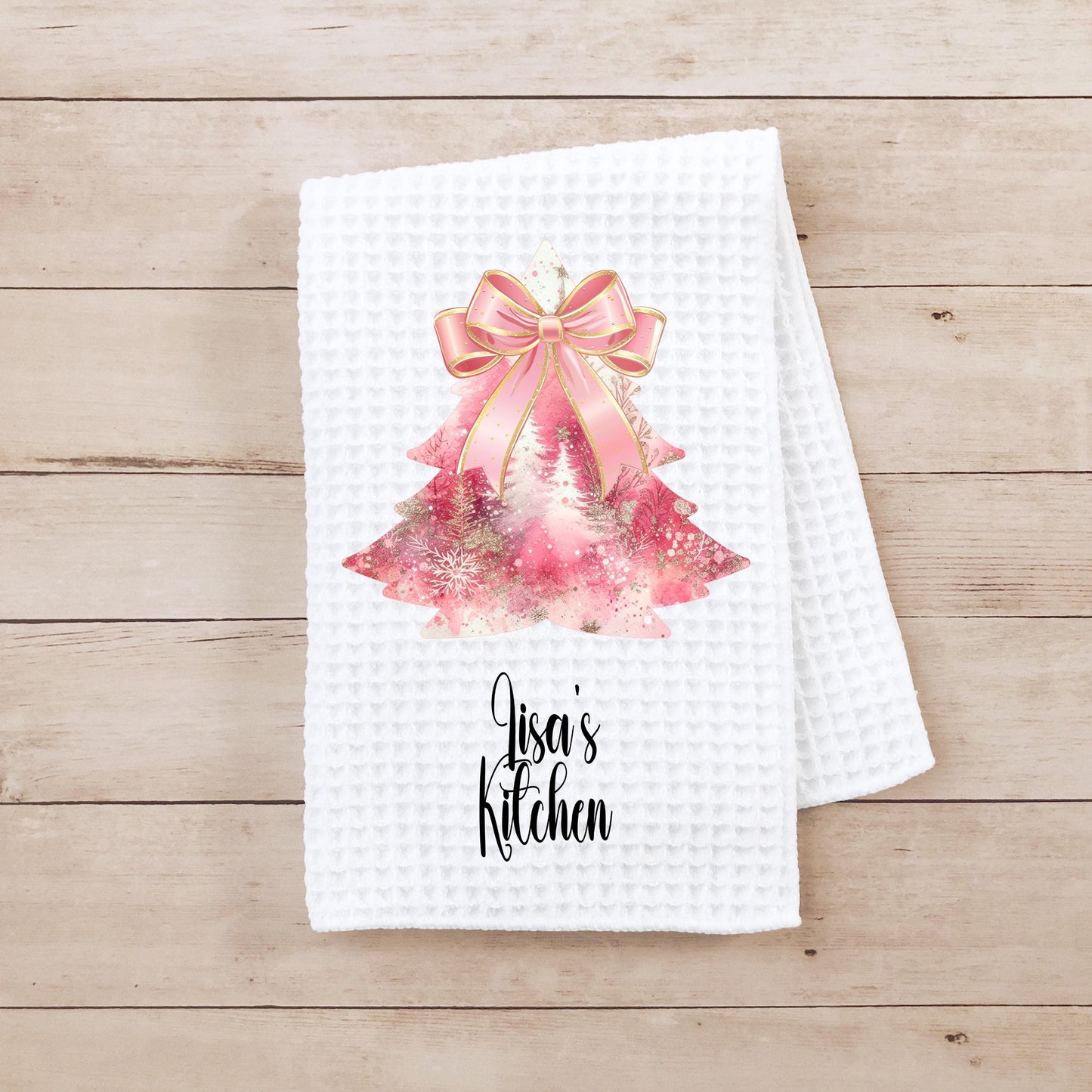 Personalized Christmas Tree Kitchen Towel in Pink Gold - Waffle Weave Design