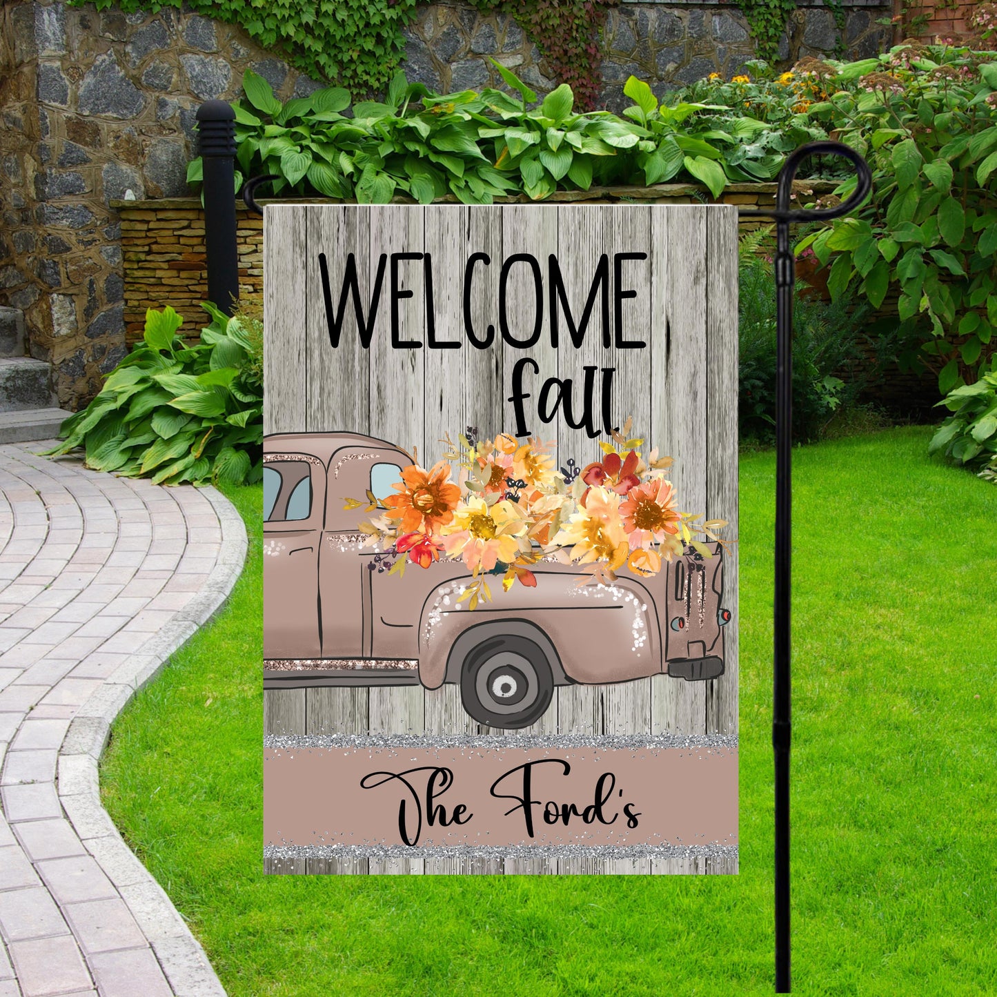 Rustic Wood Truck Garden Flag - Custom Double-Sided Fall Decor 12x18 Inch