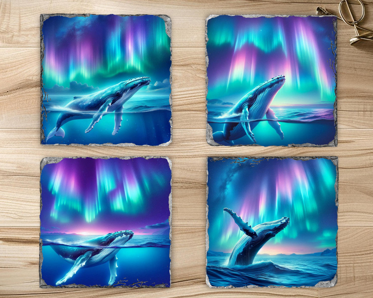 Humpback Whale Slate Coaster Set Ocean Art Gift for Whale Lovers Featuring Northern Lights Design